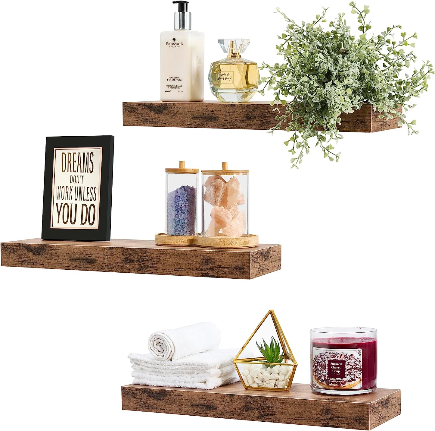 Floating Shelves for Wall - Set of 3 Rustic Wood Wall Shelves